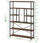 The 05.01.C_结果 is a brown and black metal bookshelf with five tiers, measuring 71.1"H x 47.2"W x 11.8"D. Shelf and gap sizes are labeled in green text. Available for ODM/OEM customization to fit your needs.