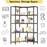 The 05.01.C_结果 is a metal and wood corner bookshelf with five shelves, perfect for books, decor, or plants. Illustrated icons show versatile storage uses. Labeled “Specious Storage Space.” OEM and ODM customization available.