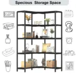 The 05.01.C_结果 black metal corner shelving unit features five shelves for books, baskets, décor, and plants. OEM/ODM options available. Illustrations display storage ideas around the shelves.