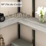 L-shaped wooden shelf unit (Product Name: 05_结果) fits any corner, displaying a camera, white flower vase, decor, and books. Text overlay: "90° Fits the Corner" and "Launica." ODM and OEM customization available.
