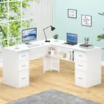 L Shaped Computer Desk with Six Drawers, White Oak _06