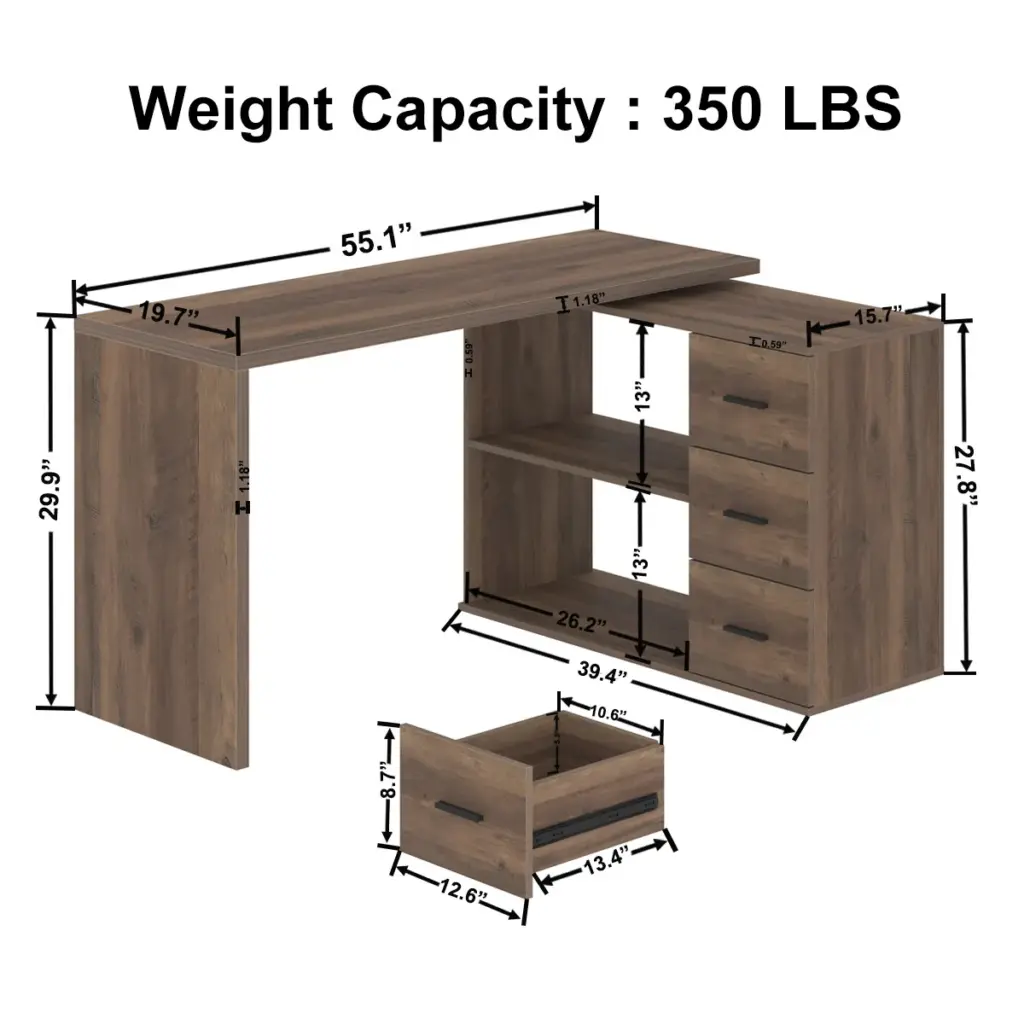 L Shaped Computer Desk with 3 Drawers, Rustic Oak _06