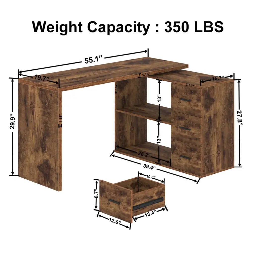 L Shaped Computer Desk with 3 Drawers, Rustic Brown _06