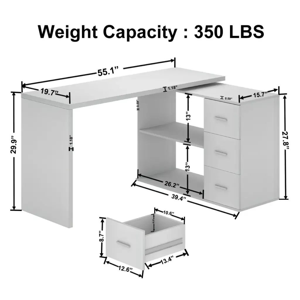 L Shaped Computer Desk with 3 Drawers, White Oak _06