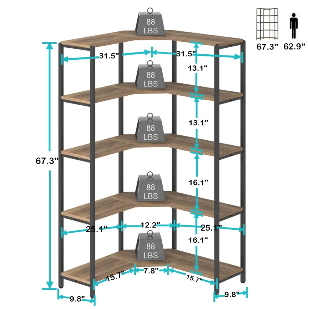 5 Tier L-Shaped Bookshelf, Rustic Oak_05