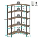 The 06.01.C_结果 is a five-tier metal and wood corner shelf, each tier supports up to 88 lbs; unit height: 67.3", width: 31.5". Dimensions and weight capacities marked. OEM & ODM options available.