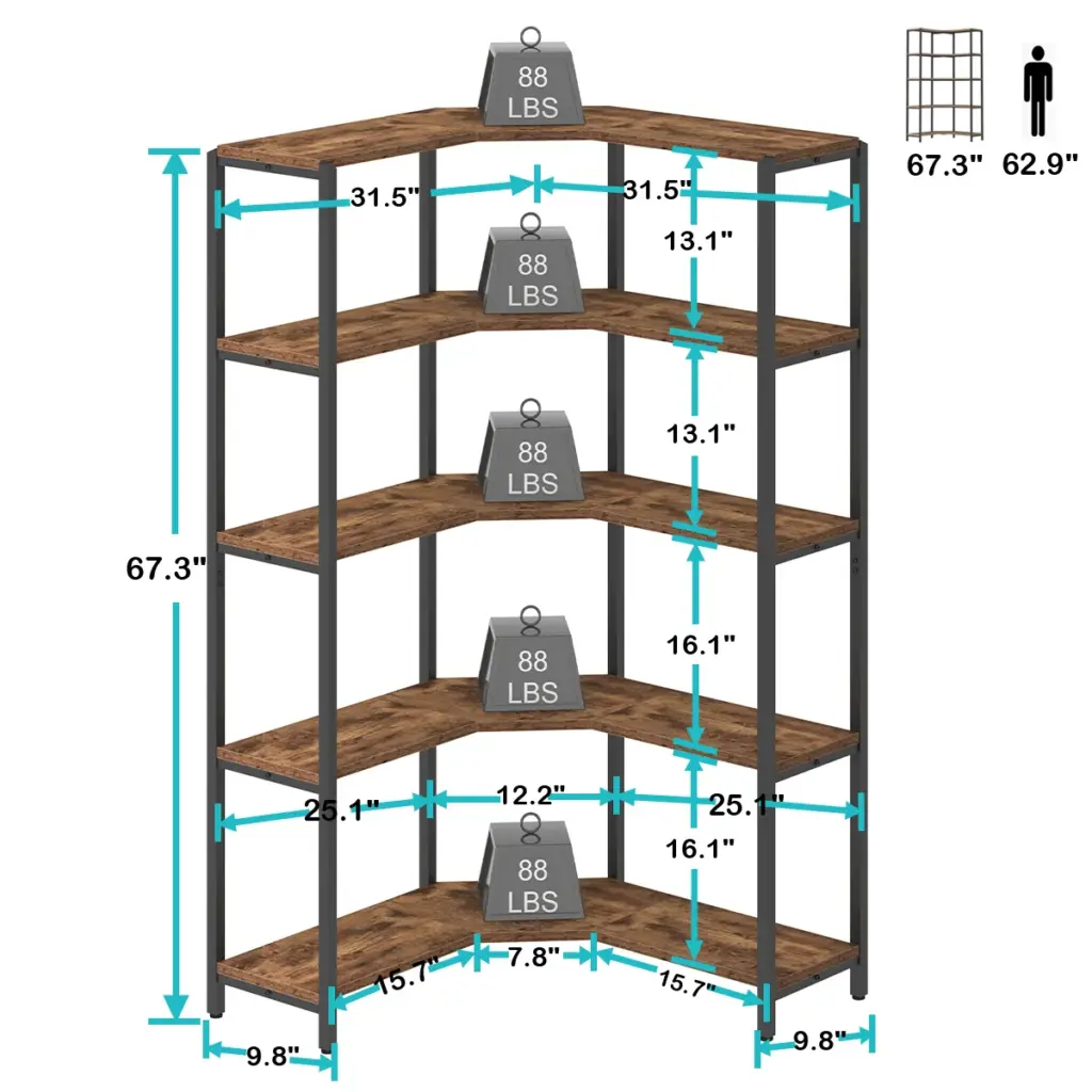 5 Tier L-Shaped Bookshelf, Rustic Brown_06
