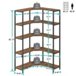 The 06.01.C_结果 is a five-tier corner shelving unit featuring wood shelves and a metal frame; each shelf supports up to 88 lbs. Dimensions and heights are labeled in inches with a human silhouette for scale. OEM/ODM customization available.