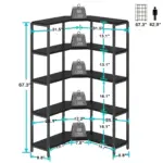 The 06.01.C_结果 is a black corner shelving unit with 5 tiers, each shelf holding up to 88 lbs. OEM and ODM services offered. Detailed measurements (inches) and a height comparison with a human silhouette are included.