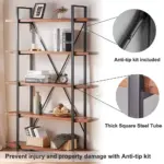 The 06.03 Solid Wood Bookcase is a 5-tier industrial rustic vintage etagere bookshelf with open metal frame in distressed brown. Close-ups show the anti-tip kit and steel tube, plus a safety message; OEM/ODM available.
