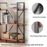 06.03 Solid Wood Bookshelf: 3-tier rustic vintage industrial etagere bookcase with open metal farmhouse design in distressed brown. Features anti-tip kit, thick square steel tubes, and offers OEM/ODM customization.