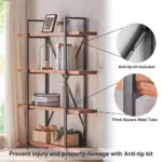 The 06.03 Solid Wood Bookshelf is a 4-tier rustic vintage industrial bookcase with open metal frame in distressed brown, featuring an anti-tip kit, thick square steel tubes for stability and safety, and available for ODM/OEM customization.