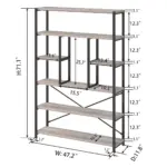 The 07.01.C2_结果 is a tall shelving unit with five shelves, sturdy metal frame, and clearly labeled dimensions: 71.1"H x 47.2"W x 11.8"D. OEM/ODM options available for customizable section measurements in inches.