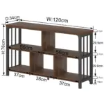 07.01.C_结果 is a brown and black shelving unit with six open compartments, customizable via OEM or ODM. Dimensions: 120cm wide, 76cm high, 34cm deep, with detailed shelf measurements shown.
