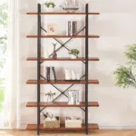 The 07.01.C_结果 is a tall bookshelf with five wooden shelves, displaying books, decor, white sculptures, a model ship, and small plants. Perfect for ODM/OEM needs, it's placed by a curtained window with a green plant beside it.