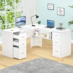 L Shaped Computer Desk with Six Drawers, White Oak _07