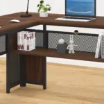 L Shaped Computer Desk with Six Drawers, Walnut _07