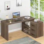 L Shaped Computer Desk with 3 Drawers, Rustic Oak _07