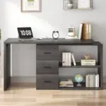 L Shaped Computer Desk with 3 Drawers, Dark Gray Oak_07