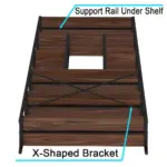 Top-down view of 07.01.C_结果: a wooden shelf unit with black metal frame, shown with labeled support rail under the shelf and X-shaped bracket for structural stability. Suitable for OEM and ODM customization.