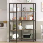 The 07.01.C_结果 kitchen shelving unit features five shelves to neatly arrange dishes, jars, cans, a toaster, a microwave, plants, and decor—ideal for ODM and OEM solutions to meet various kitchen requirements.
