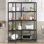 The 07.01.C_结果 black metal shelf unit stands against a kitchen wall, neatly holding jars, bowls, plates, a toaster, microwave, and décor—perfect for ODM and OEM storage solutions.
