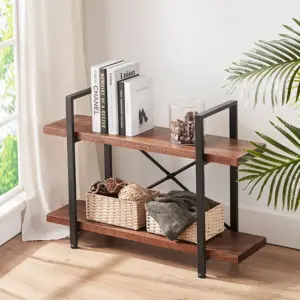 07.03 Solid Wood Bookcase, Tier Industrial Rustic Vintage Etagere Bookshelf, Open Metal Farmhouse Book Shelf, Distressed Brown