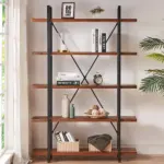 The 07.03 Solid Wood Bookcase, a 5-tier industrial rustic vintage etagere with open metal shelves in distressed brown, offers OEM/ODM customization and displays books, décor, plants, and baskets beside a window and potted plant.