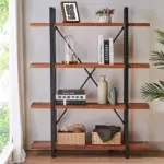 The 07.03 Solid Wood Bookshelf is a 4-tier rustic vintage industrial etagere with an open metal farmhouse design in distressed brown, ideal for OEM/ODM orders. It displays books, decor, and more—perfect by a window with greenery outside.