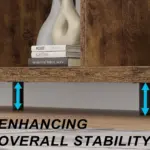 Two blue arrows indicate the support legs under the 08.01.C-1_结果 wooden shelf unit on a wood floor, with the text "ENHANCING OVERALL STABILITY" highlighting features available for both ODM and OEM solutions.