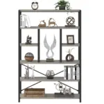 The 08.01.C_结果 is a black and gray bookshelf with five shelves, ideal for ODM or OEM projects, showcasing books, plants, a clock, decorative sculptures, and neatly arranged ornaments.