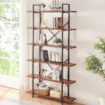 The 08.01.C_结果 is a tall, five-shelf wooden and metal bookcase for OEM or ODM customization, ideal for holding books, decor, plants, and baskets—perfect beside a large window and next to a potted plant.