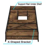 The 6 Tier Bookshelf, Rustic Brown Oak_04 features a wooden shelf unit with black metal framing, highlighted support rail under the shelf, and an X-shaped back bracket. Suitable for ODM and OEM customization.