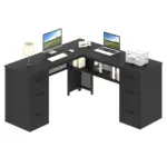 L Shaped Computer Desk with Six Drawers, Black Oak _08