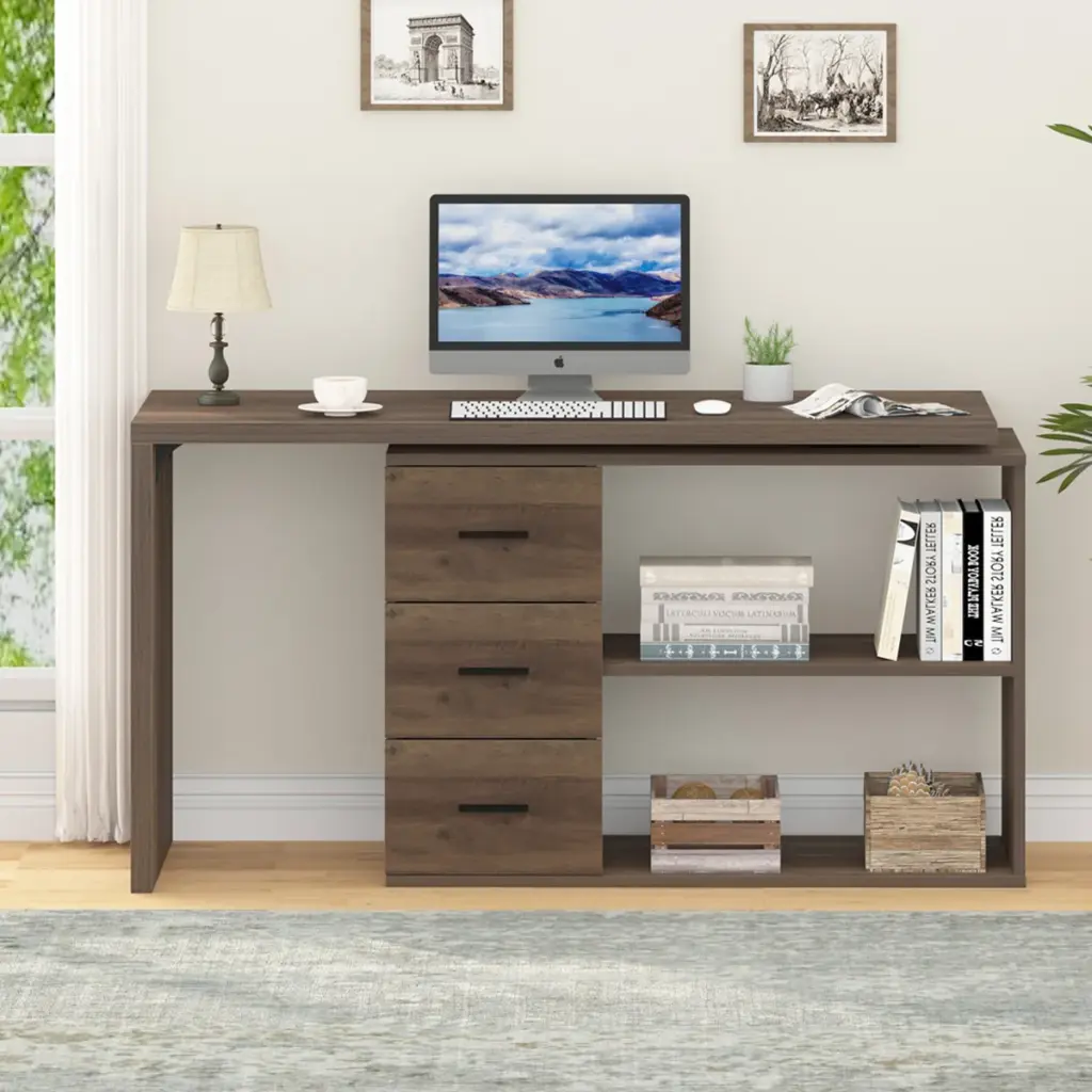 L Shaped Computer Desk with 3 Drawers, Rustic Oak _08