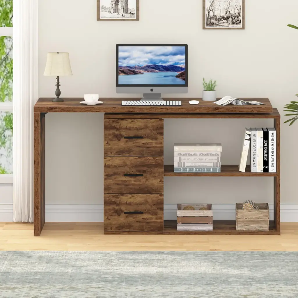 L Shaped Computer Desk with 3 Drawers, Rustic Brown _08