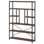 The 08.01.C_结果 is a freestanding bookshelf with a black metal frame, five wooden shelves, an open-back design, varied shelf heights for display or storage, and is available for OEM/ODM customization.