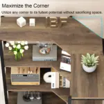 The 08.01.C_结果 corner shelving unit efficiently utilizes corner space, displaying plants, books, and decor on its wooden shelves—perfect for OEM and ODM customization.