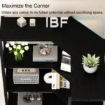 The 08.01.C_结果 black corner shelf displays flowers, a plant, books, and ornaments—an OEM/ODM solution for efficient corner space use in any room.