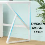 The 08.01.C_结果 white desk features thickened metal legs and a geometric design, set on a light wood floor beside a green plant. Available for ODM & OEM customization. "THICKEN METAL LEGS.