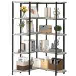 The 09 白底图. jpg_结果 is a tall five-tier metal and wood bookshelf for ODM and OEM, featuring shelves stylishly arranged with books, storage boxes, a radio, potted plants, framed art, vases, and decor items.