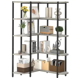 5 Tier L-Shaped Bookcase, Light Grey Oak_08
