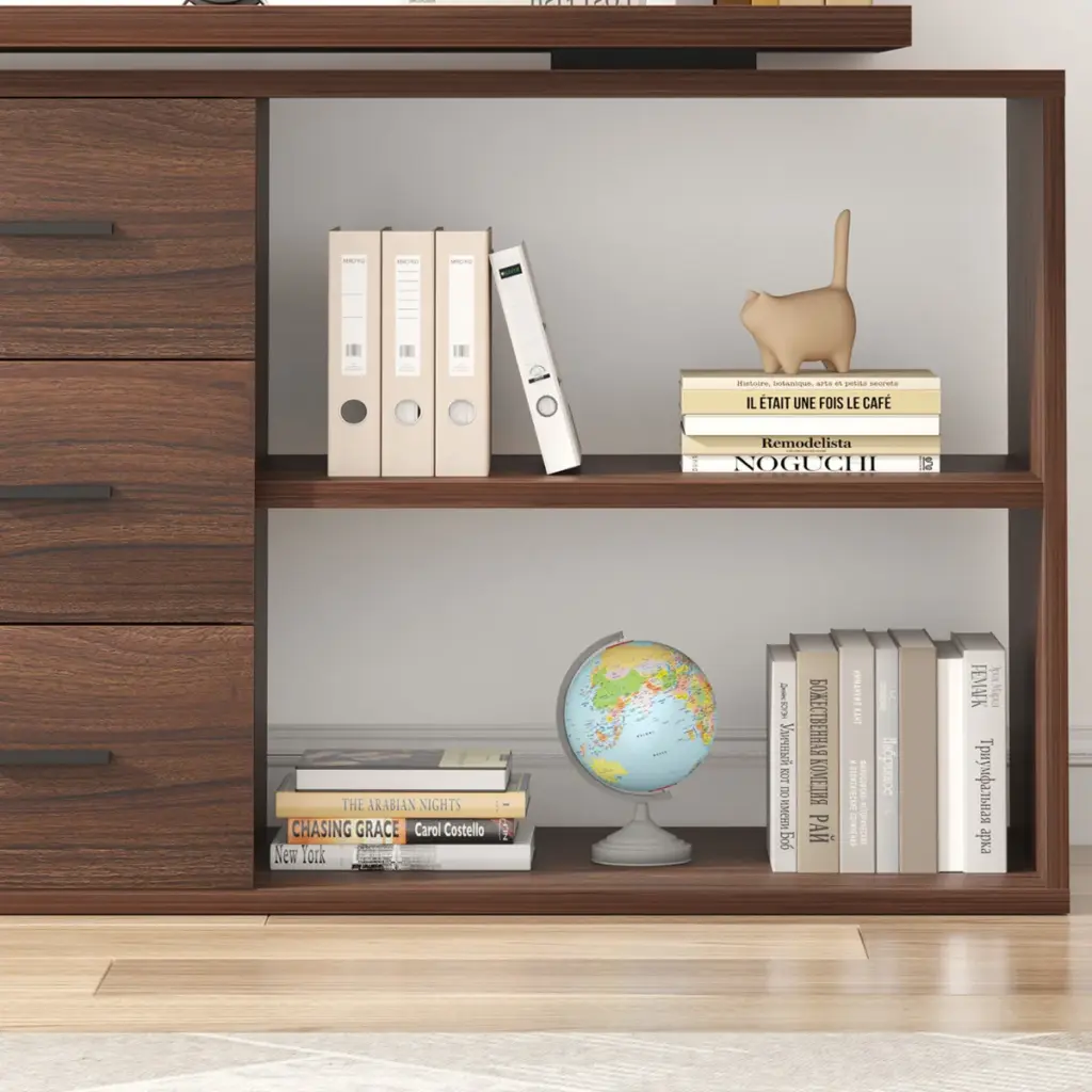 L Shaped Computer Desk with 3 Drawers, Walnut_09
