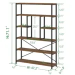 The 09.01.C_结果 five-tier industrial bookshelf features a black metal frame and brown wood shelves, measuring 71.1"H x 47.2"W x 11.8"D; shelf heights labeled in inches for planning, with OEM/ODM options available.