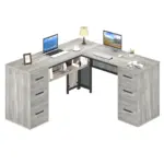 L Shaped Computer Desk with Six Drawers, Light Grey Oak _09