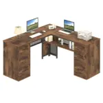 L Shaped Computer Desk with Six Drawers, Rustic Brown _09