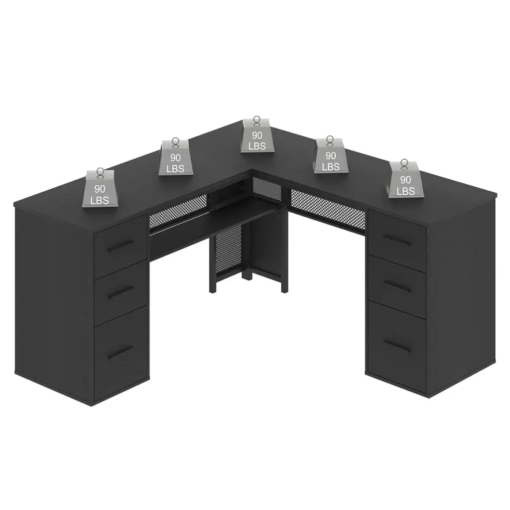 L Shaped Computer Desk with Six Drawers, Black Oak _09