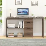 L Shaped Computer Desk with 3 Drawers, Rustic Oak _09
