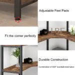 Collage of 09.01.C_结果 desk’s adjustable feet pads, corner fit, and shelves with décor highlights its durable MDF board and metal tube build—available for ODM/OEM customization.