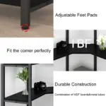 Collage displays the 09.01.C_结果 corner desk, featuring adjustable feet pads, a snug wall fit, and robust MDF board with metal tube construction—offered with OEM and ODM customization options.